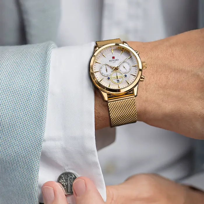 Récompense montres d'affaires mouvement à Quartz mode hommes or montre en acier inoxydable calendrier de luxe