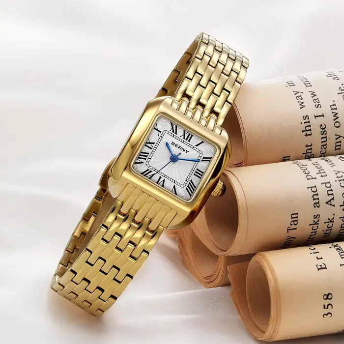 Montre carrée en or BERNY pour femmes, résistante à l'eau, quartz, design mode et décontracté, idéale pour les occasions professionnelles, décontractées et formelles