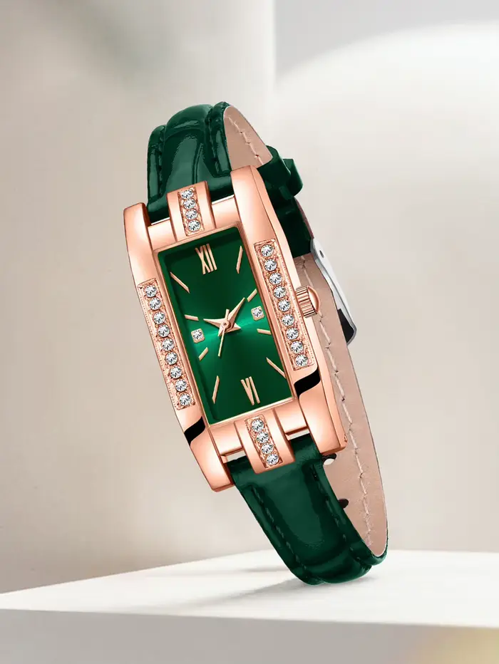 Montre rectangulaire pour femme avec bracelet en cuir incrusté de diamants en or rose
