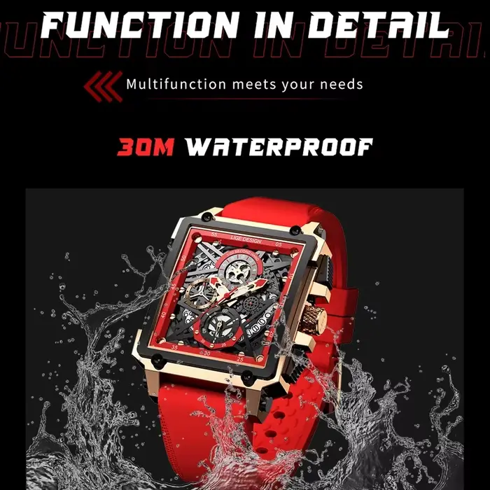 Montre sportive homme hollow carrée résistante à l'eau avec bracelet silicone et mouvement quartz haute précision occasions spéciales