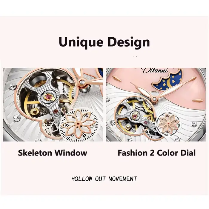Montre mécanique automatique élégante pour femme avec phase de lune et résistance à l'eau pour occasions spéciales et collection