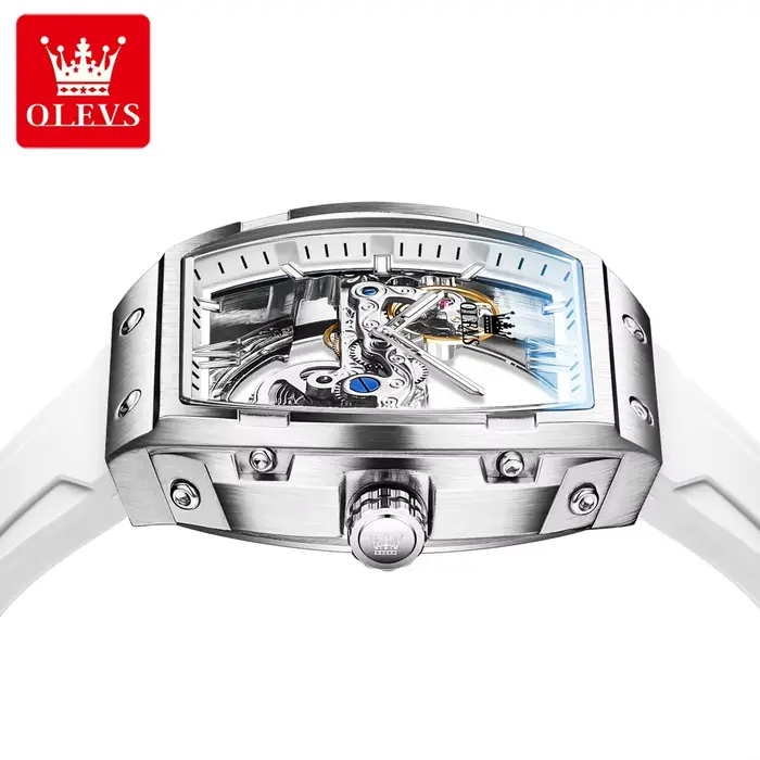  OLEVS automatique hommes montre bracelet en caoutchouc blanc mécanique Tourbillon montres