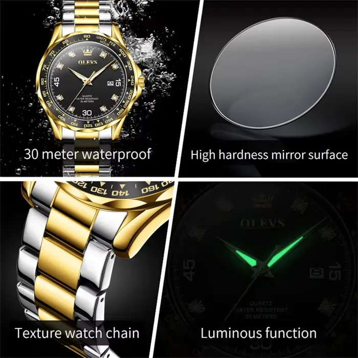 OLEVS montre à Quartz vert doré pour hommes marque de luxe plongée étanche bracelet en caoutchouc en acier inoxydable