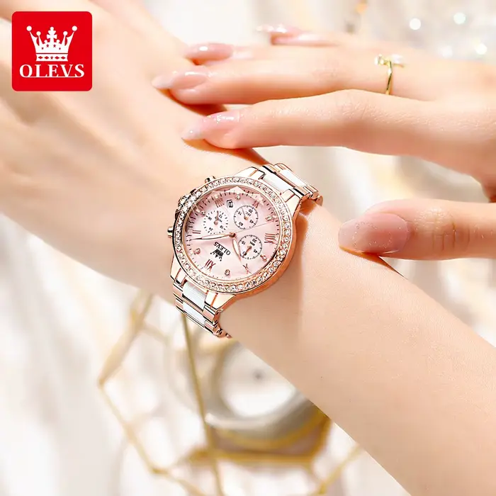OLEVS 9999 femmes montre marque originale élégante étanche chronographe de luxe en céramique robe rose