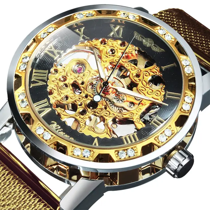 Montre rétro mécanique T-WINNER en acier inoxydable avec bracelet en cuir pour homme occassions spéciales vintage élégante
