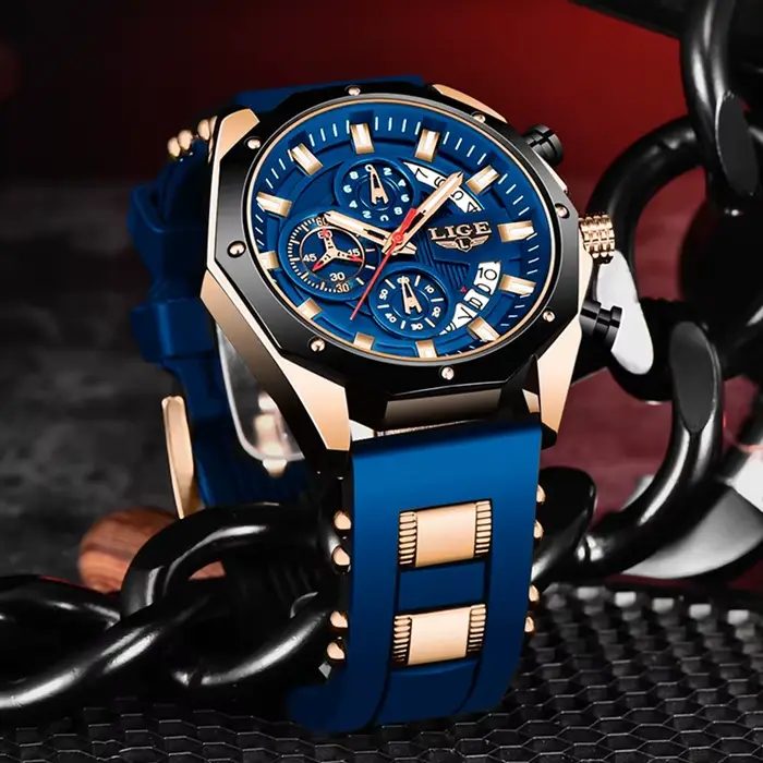 LIGE bleu Montre en Silicone pour hommes mode militaire Sport chronographe horloge mâle haut marque de luxe étanche