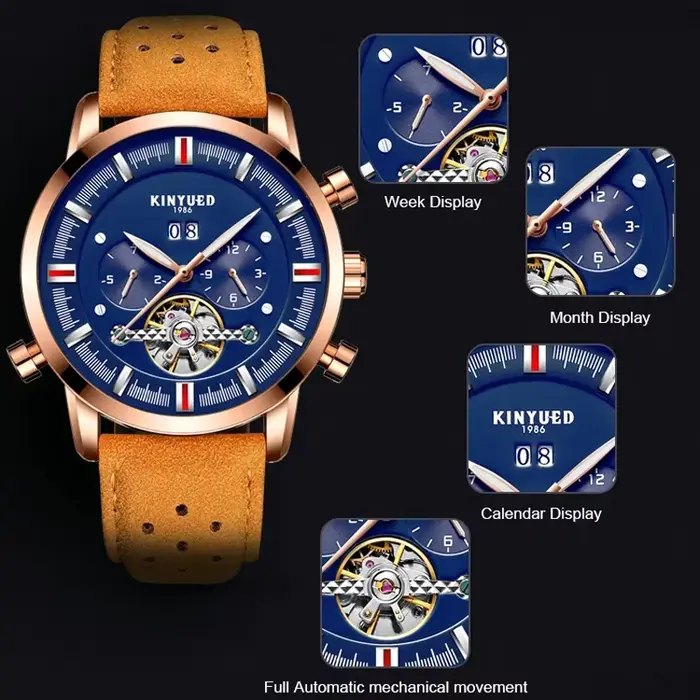 KINYUED marque hommes de luxe automatique montre mécanique sport en cuir étanche semaine Date automatique Tourbillon montres hommes Relogio