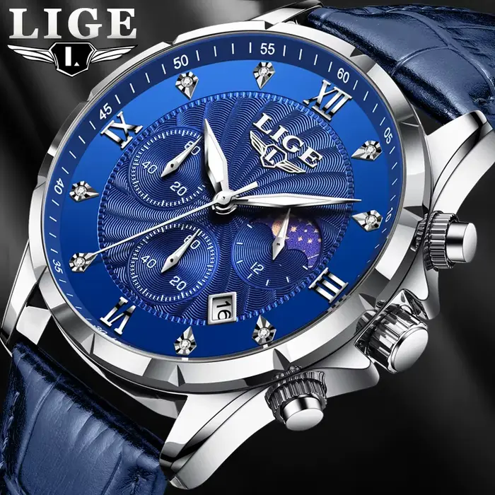 LIGE montre en cuir bleu hommes mode affaires montres militaires
