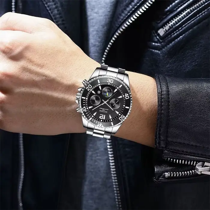 Montre en acier inoxydable Notionr à quartz avec mains lumineuses et calendrier complet pour homme mode et décontracté