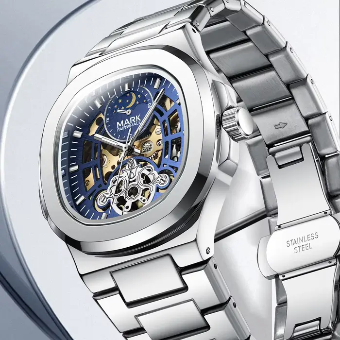 Mark Fairwhale mouvement automatique 6012 nouveau cadran de Phase de lune creuse Tourbillon en acier inoxydable étanche mécanique montre pour hommes