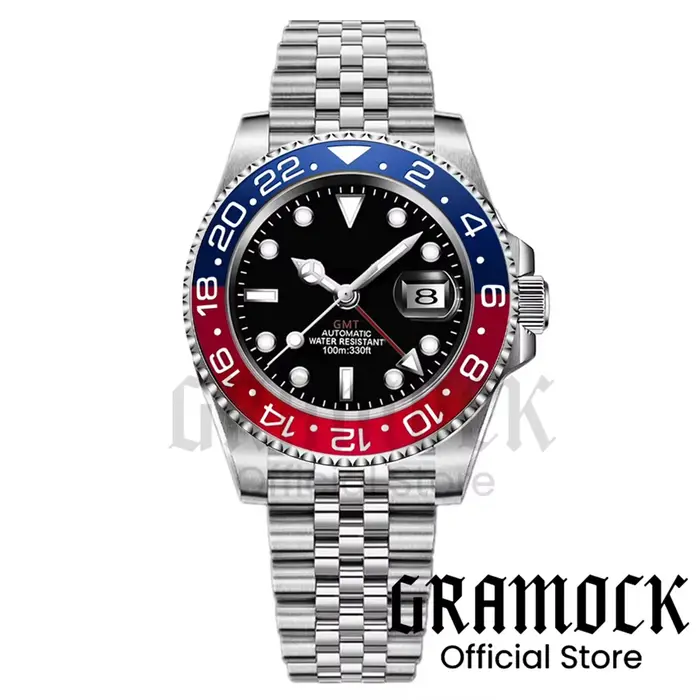 Gramock 40mm cadran blanc noir rouge GMT montre pour hommes montre-bracelet mécanique vert lumineux Date saphir acier plongée Reloj Hombre