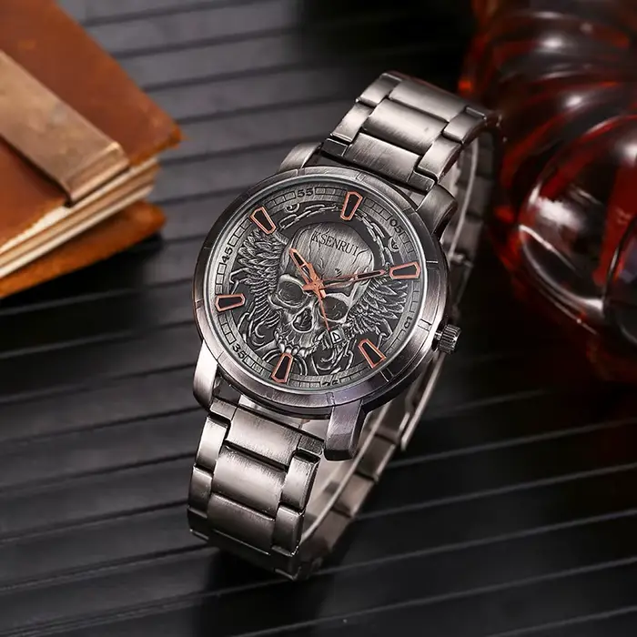 Montre Crâne Rétro Hommes Bracelet Luxe Acier Cuir Horloge Cadeau Occasions Spéciales