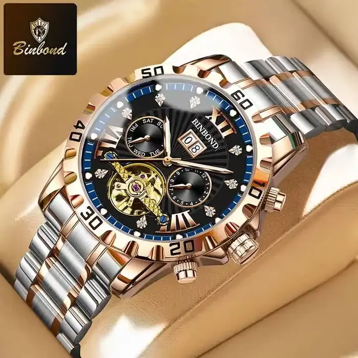 BINBOND mode montre mécanique automatique pour hommes de luxe Tourbillon squelette montre-bracelet en acier inoxydable