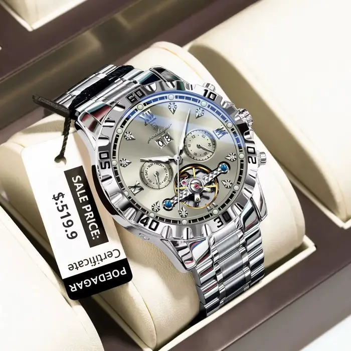 POEDAGAR haut de gamme hommes montre automatique Date semaine homme montre-bracelet creux Tourbillon mécanique en acier