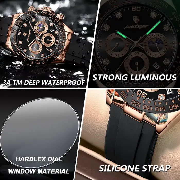 Montre-bracelet POEDAGAR à quartz avec fonction date, chronographe, résistance à l'eau, mains lumineuses et bracelet en bambou pour hommes occassions spéciales