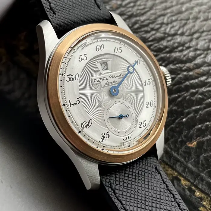 Montre en acier inoxydable et cuir avec lunette en bronze saumon, mouvement automatique, fenêtre date, résistance à l'eau 50m, pour homme, occassions spéciales et quotidiennes