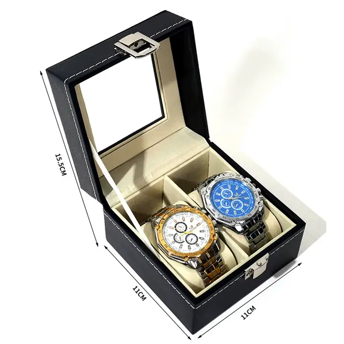 Boîte de montre en cuir PU noir, tissu velours avec fenêtre en verre pour 2/3/6 montres, rangement e
