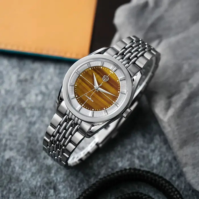 Montre homme Watchdives WD1954 avec cadran en pierre d'oeil de tigre édition limitée résistante à l'eau pour homme quartz acier inoxydable occasionnels plongeurs et explorateurs