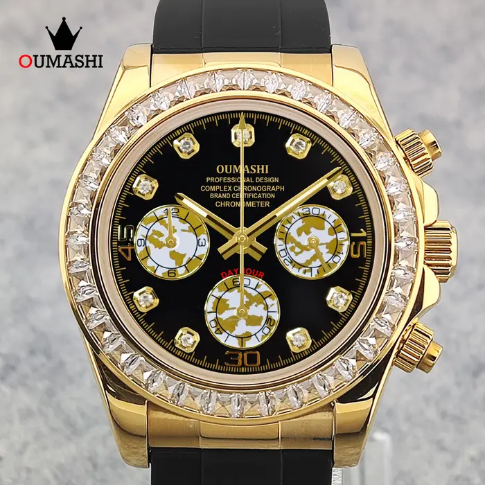 OUMASHI 42mm diamant or montre chronographe pour hommes VK63 mouvement à Quartz verre saphir lumineux étanche Logo personnalisé disponible