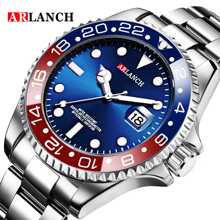 Montre d'affaires en acier inoxydable 40mm classique rouge bleu cercle série de plongée loupe calendrier montres à