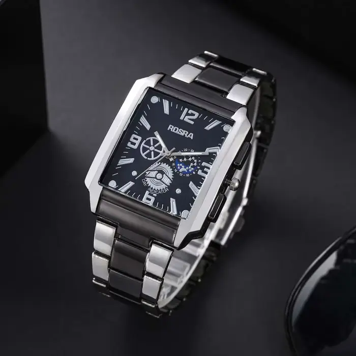 Hommes montres en acier mode élégant cadran rectangulaire en acier horloge montre à Quartz hommes ar