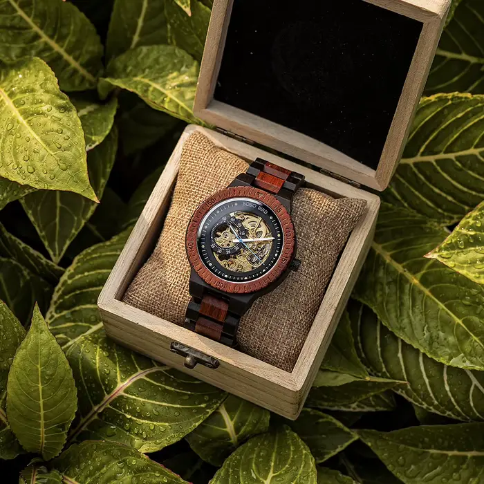 BOBO BIRD Montre mécanique en bois pour hommes Montre-bracelet automatique de luxe Aiguilles lumineuses Chronographe Logo personnalisé Personnaliser Grande boîte-cadeau Support de bijoux élégant en gr