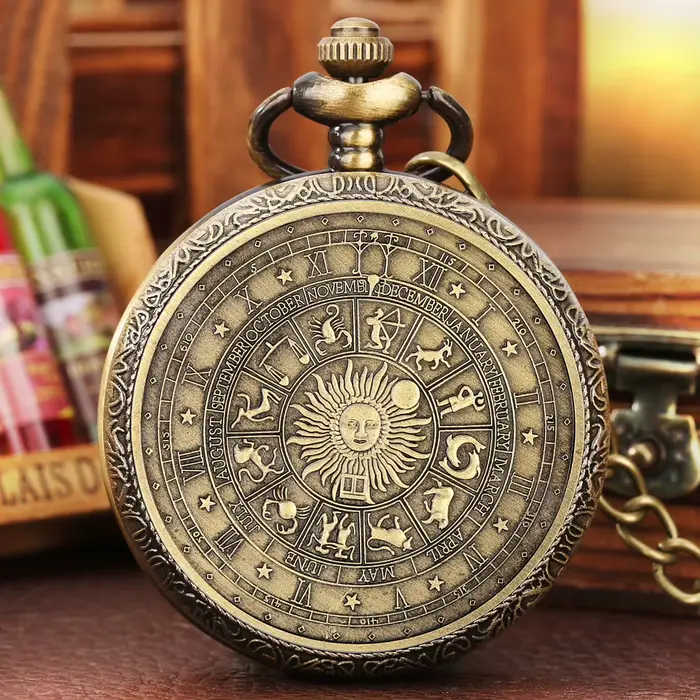 Montre de poche Vintage Bronze Quartz signes du zodiaque montres avec chaîne le soleil mâle enfant r