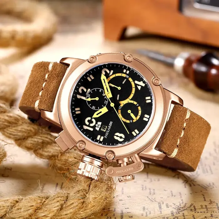 Montres automatiques pour hommes mécanique auto-vent en cuir véritable multifonction Date bateau mois or Bronze U Reloj Hombre Baratos