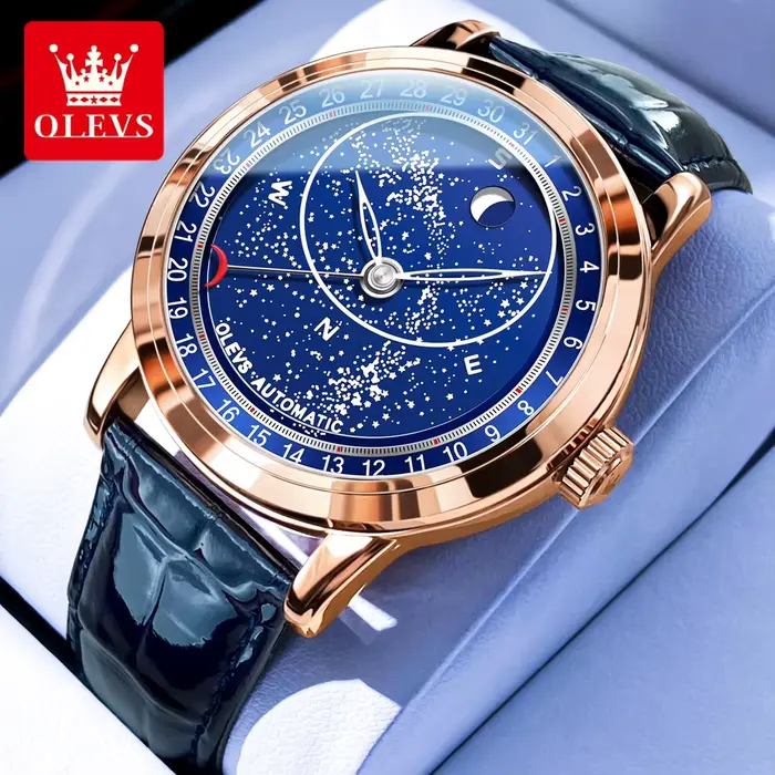 Montre mécanique automatique OLEVS 9923 phase de lune bracelet en cuir étanche pour homme occasions spéciales nocturnes