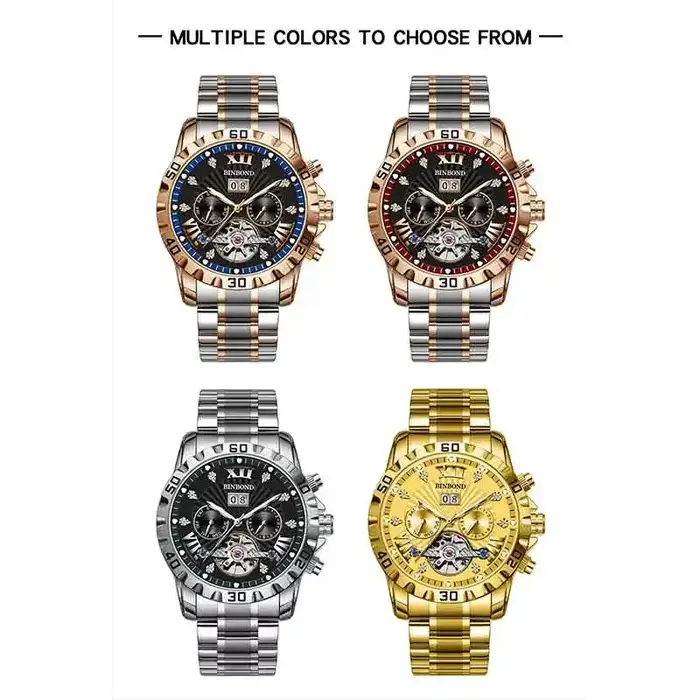 BINBOND mode montre mécanique automatique pour hommes de luxe Tourbillon squelette montre-bracelet en acier inoxydable