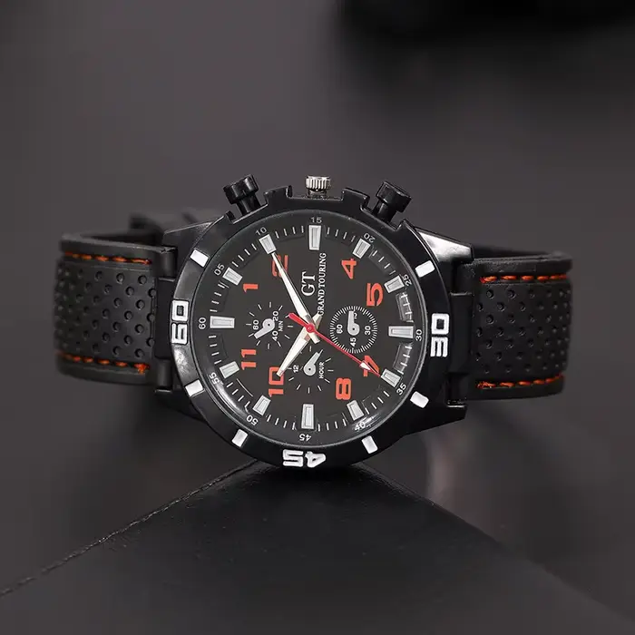 Montre à Quartz en cuir noir pour hommes