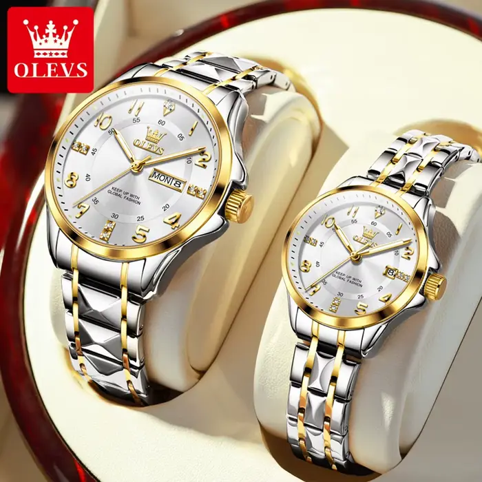 OLEVS 2910 luxe hommes femmes Couple montre double calendrier affichage étanche en acier inoxydable horloge or diamant