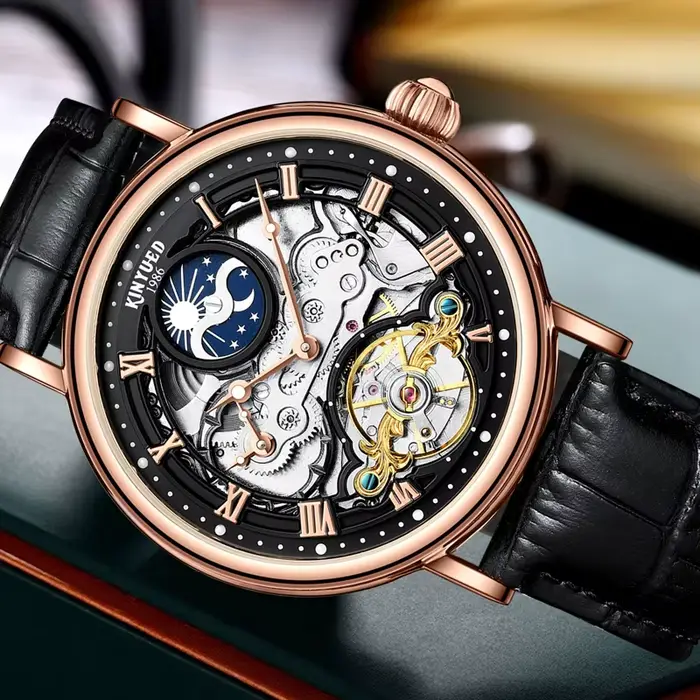Montre Homme Squelette Tourbillon Phase de Lune Conception Haut de Gamme Luxe Étanche Décontractée Automatique Mécanique Occasions Spéciales