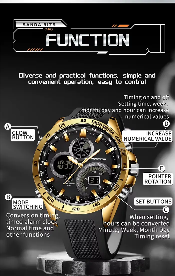 SANDA hommes marée nom montre numérique 30 M étanche montre-bracelet LED Quartz horloge Sport