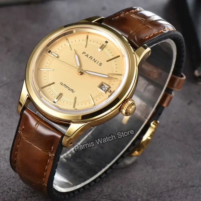 Montre Parnis Or Cadran Noir Automatique Hommes Occasions Spéciales Résistante À L'Eau Avec Boucle À Crochet