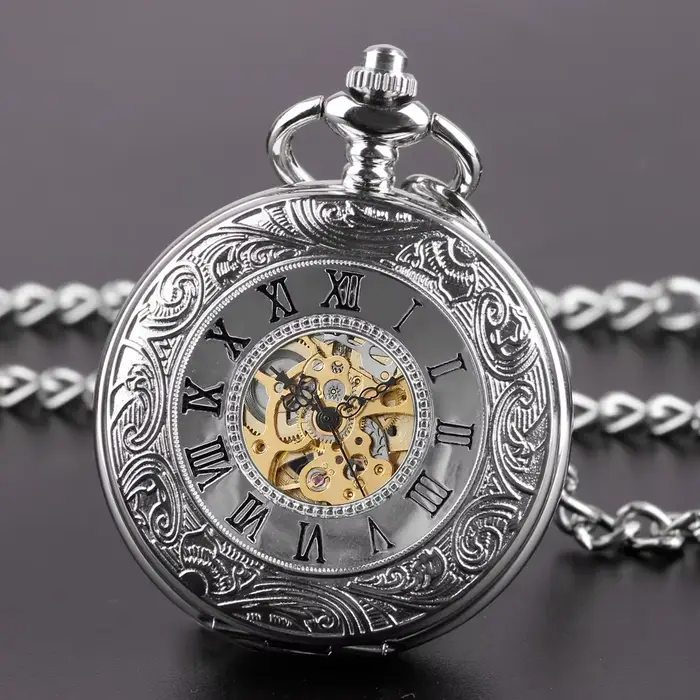 Montre de poche mécanique homme femme à remontage manuel Double Hunter Chiffres romains Montres