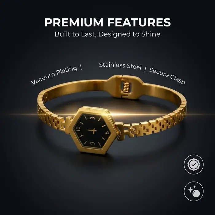 Bracelet de montre couleur or hexagonal acier inoxydable pour femmes bijou tendance cadeau poignet élégant occasion spéciale