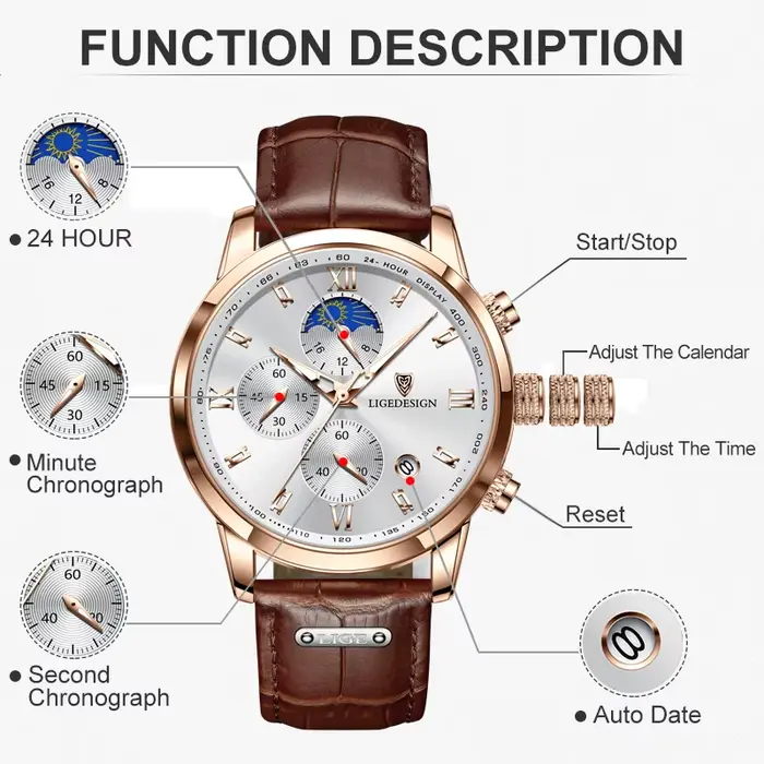 Montre-bracelet à quartz LIGE décontractée avec phases de lune
