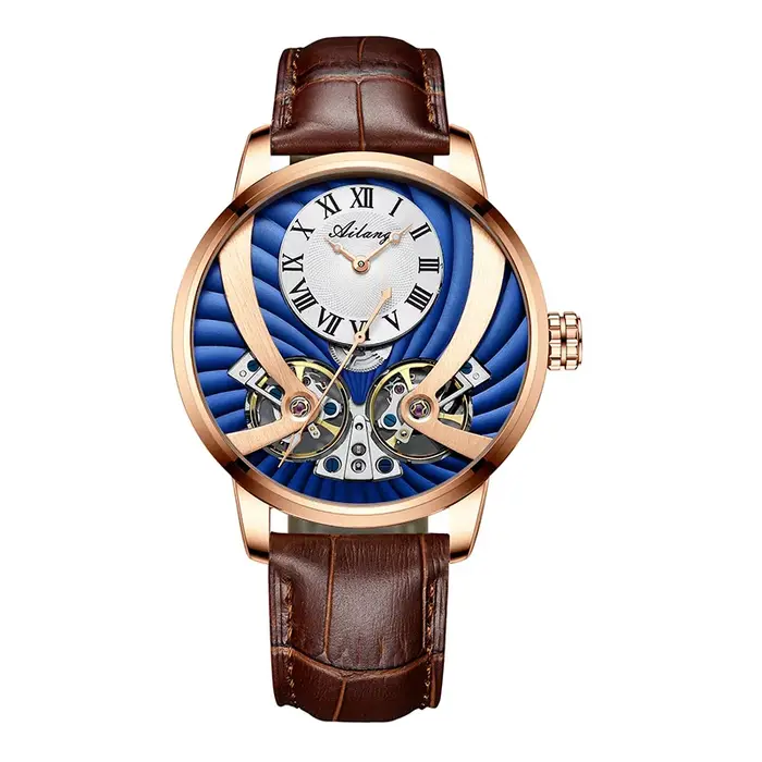Montre mécanique classique Ailang Real Double Flying Tourbillon en cuir véritable étanche OEM automa