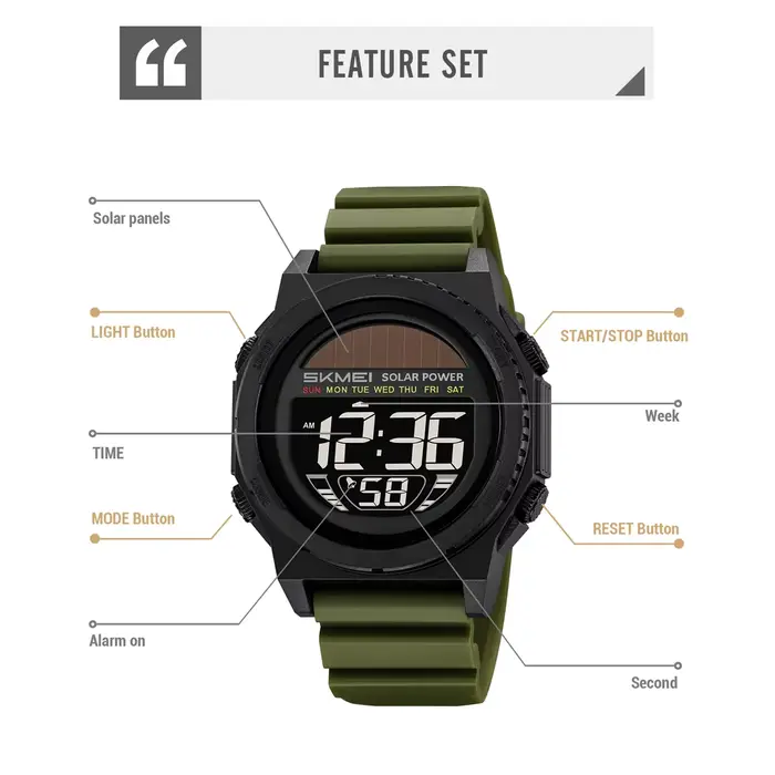 Montre-bracelet de sport numérique à énergie solaire pour homme