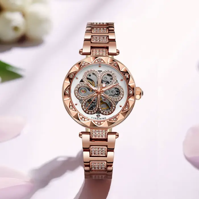 Forsining montre squelette pour femmes mode classiques diamant montres mécaniques automatiques aiguilles lumineuses bracelet en acier inoxydable
