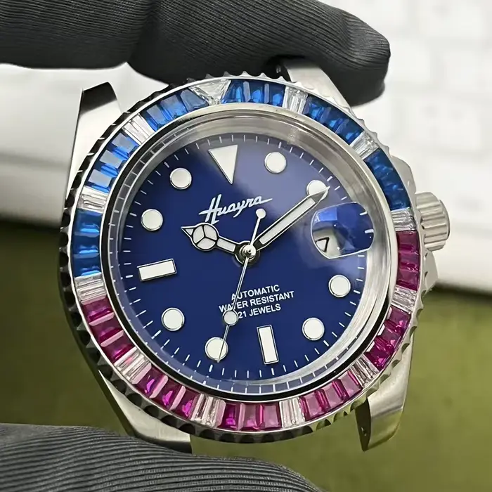 Montre automatique homme cadran bleu brossé acier inoxydable résistance à l'eau pour différentes occasions