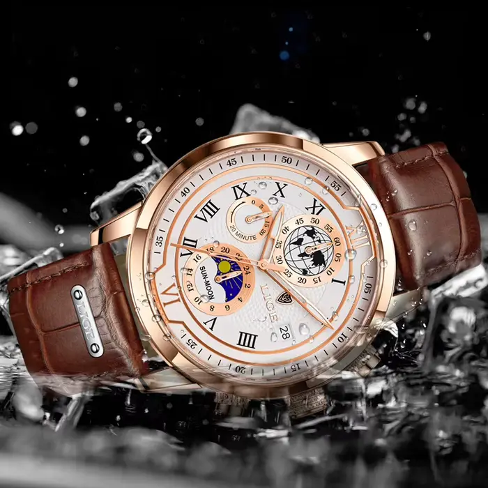 LIGE luxe homme montre-bracelet étanche lumineux chronographe montre pour hommes bracelet en cuir