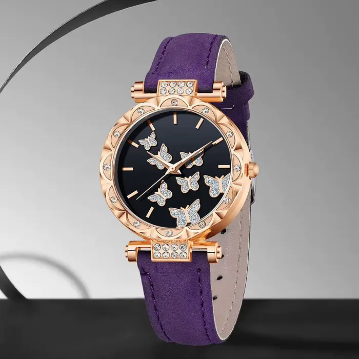 Ensemble de montres pour femmes en or rose avec bracelet en cuir violet