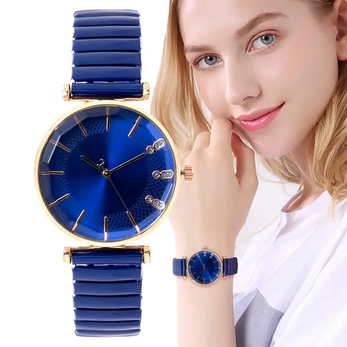 Montre à quartz de luxe Treasure Blue Single Cristal pour dames casual en acier inoxydable bracelet extensible Mode Femmes Dress Montres Horloge