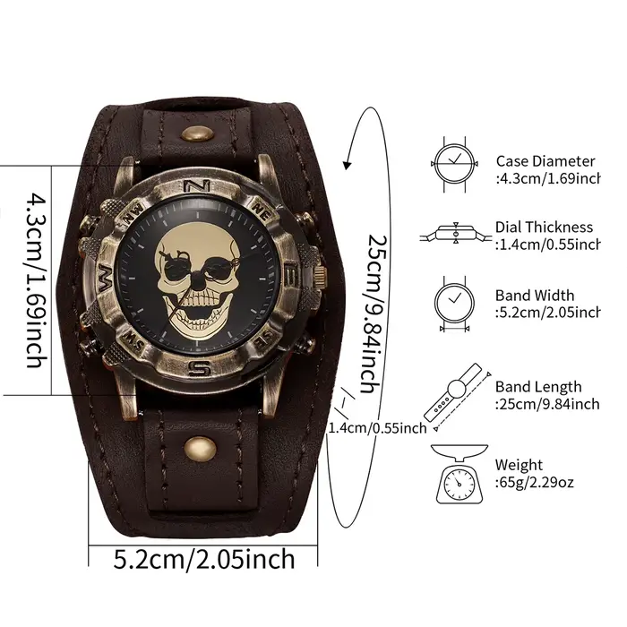 Montre pour homme avec cadran tête de mort rétro
