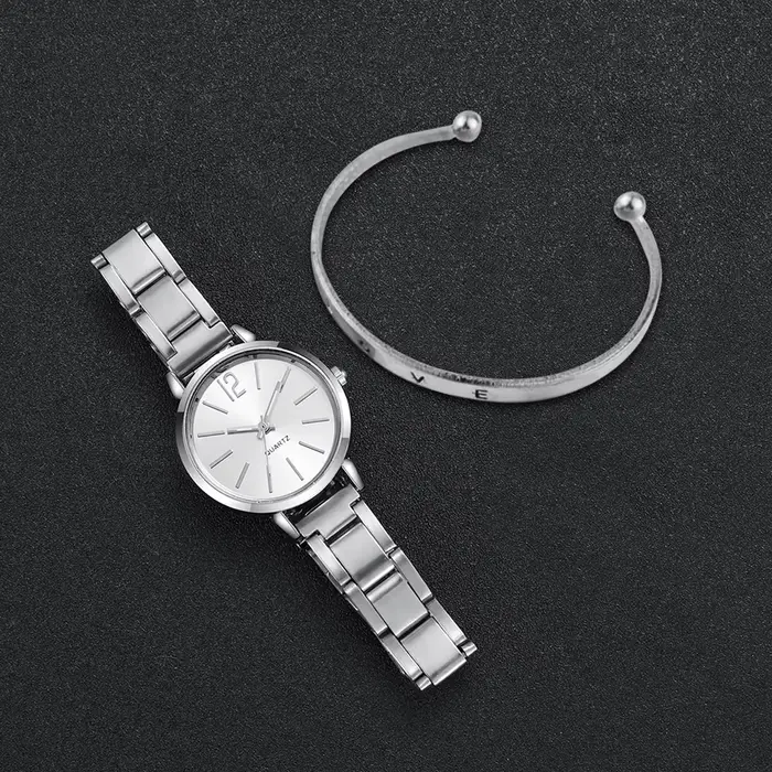 2 pièces montre pour femme mode or acier bande Quartz montre-Bracelet ouverture manchette Bracelet ensemble