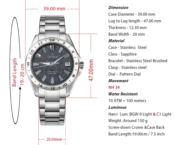 Cronos GS 39mm Texture cadran mécanique hommes montre NH34 automatique