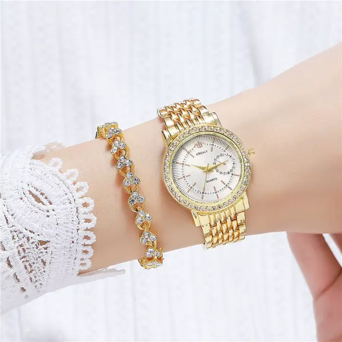 Montre Femme Élégante Bicolore Cristal Bracelet Acier Montre à Quartz