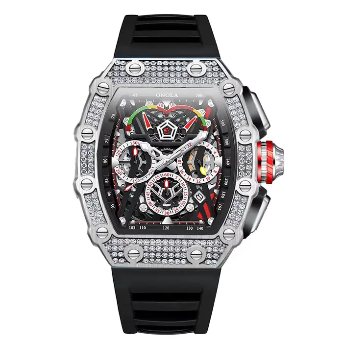 ONOLA 6827Q nouveau plein diamant multi fonctionnel à la mode étanche lumineux bande de silicone montre Quartz